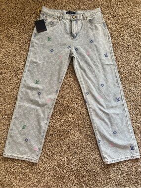 Louis Vuitton Light Wash Denim Jeans with Multicolor Monogram Embroidery